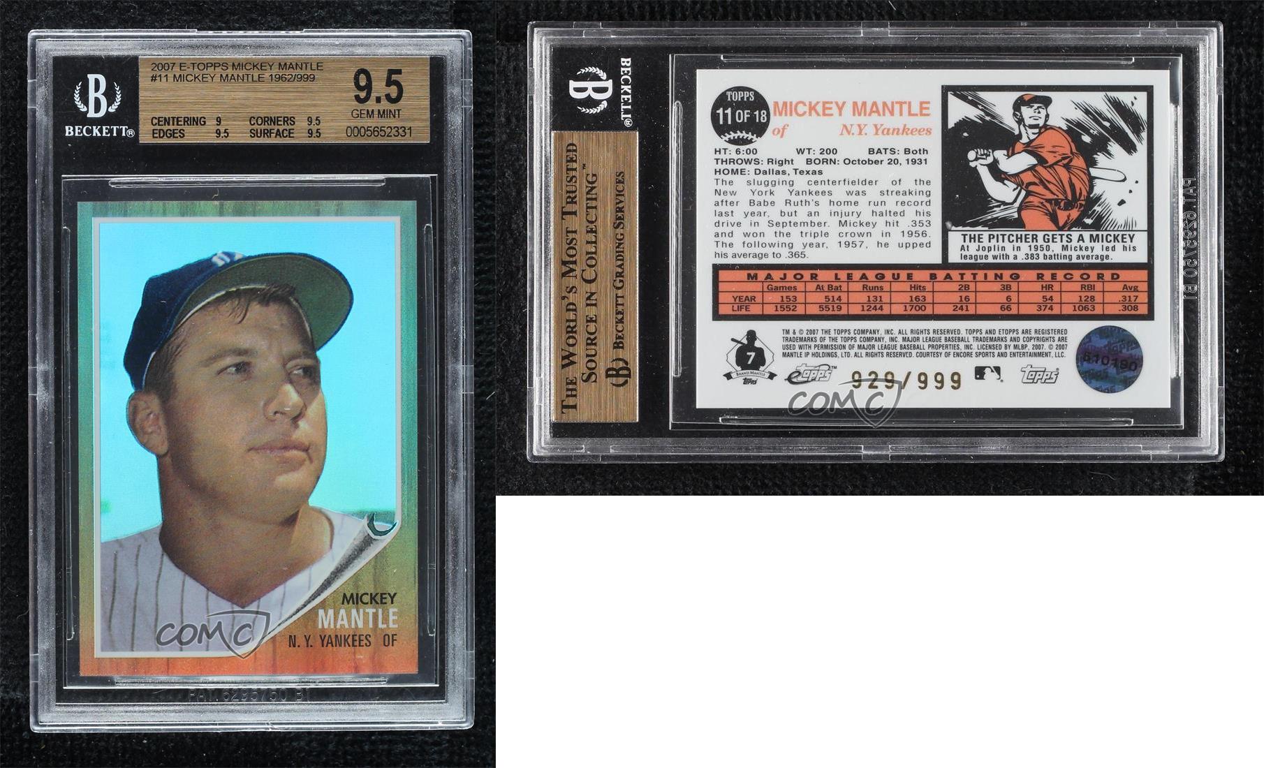 2007 eTopps Mickey Mantle Reprints /999 Mickey Mantle #11 BGS 9.5 GEM MINT HOF - Picture 3 of 3