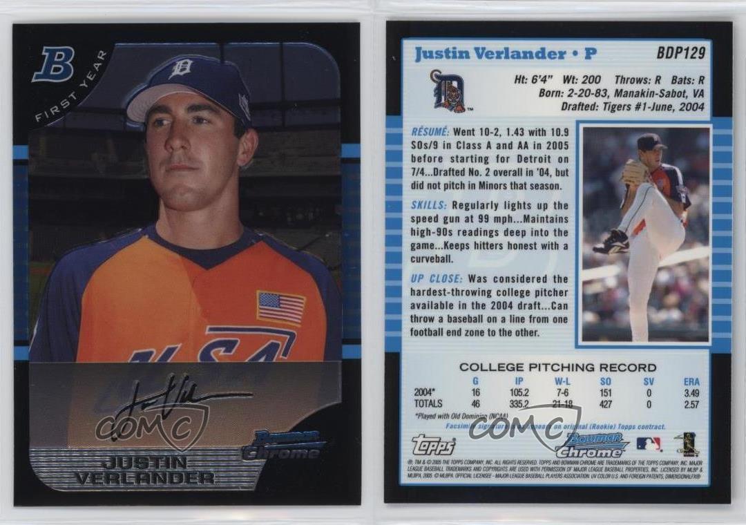 Justin Verlander Rookie Card 2005 Bowman Draft #bdp129 BGS 9.5 (9.5 9 –