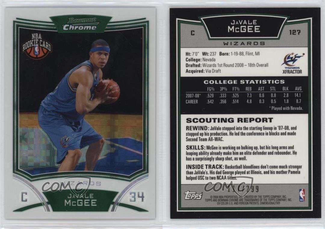 2008-09 Bowman Draft Picks & Stars Chrome X-Fractor /299 JaVale McGee Rookie RC - Bild 3 von 4