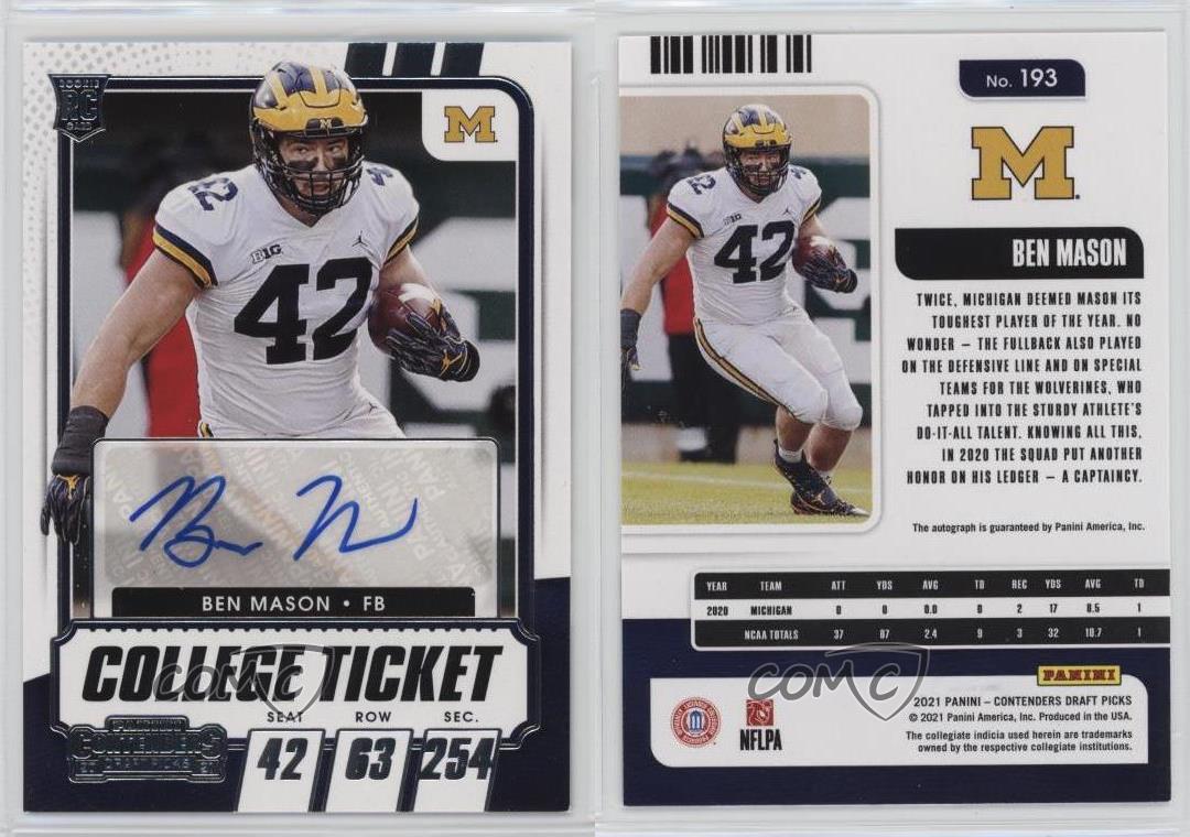 2021 Panini Contenders Draft Picks College Ticket Ben Mason #193 Rookie Auto RC