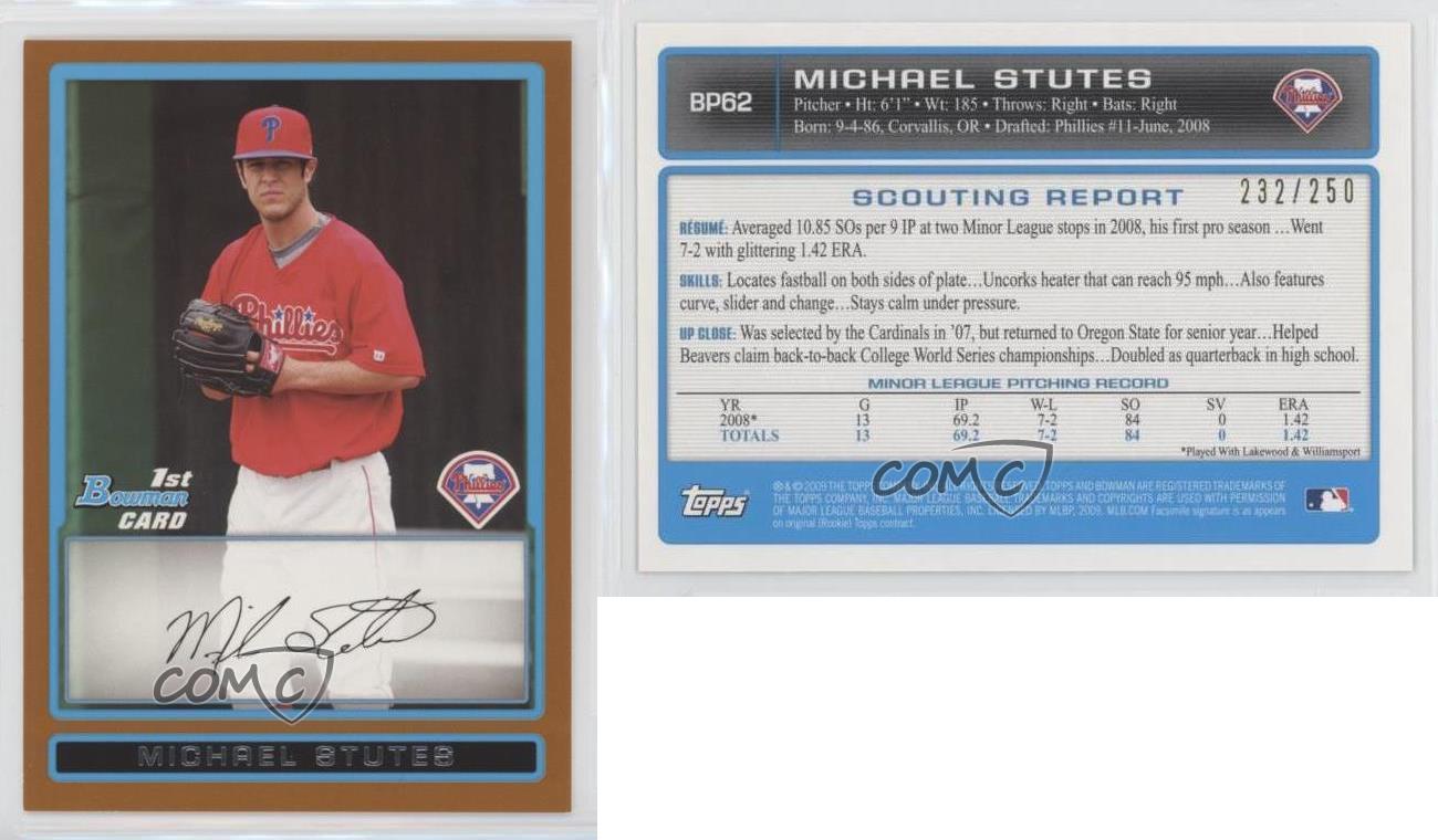 2009 Bowman Prospects Orange /250 Michael Stutes #BP62 - Zdjęcie 3 z 4