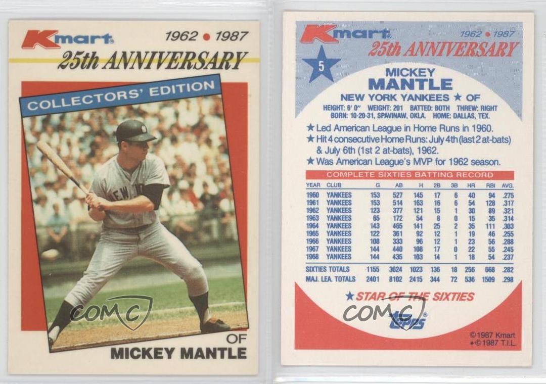 1987 Topps Kmart 25th Anniversary 5 Mickey Mantle New York Yankees