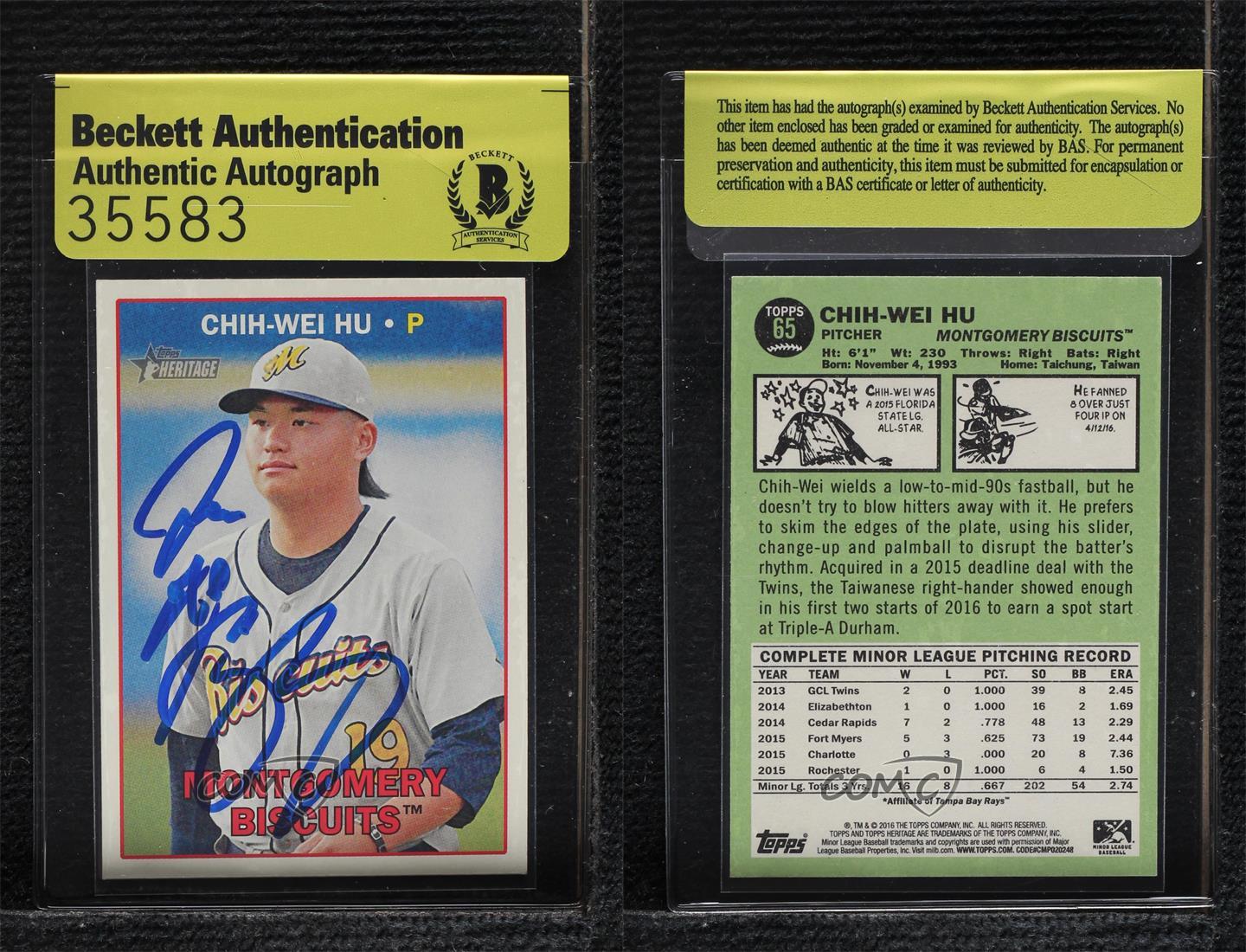 BAS 2016 Topps Heritage Minor League Edition Chih-Wei Hu Beckett Auth Sticker - Picture 3 of 3