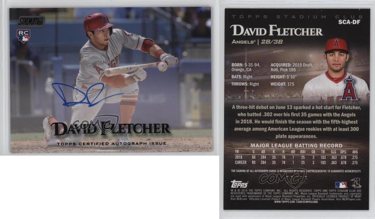 2019 Topps Stadium Club Black Foil /25 David Fletcher #SCA-DF Rookie Auto RC - Foto 3 di 3
