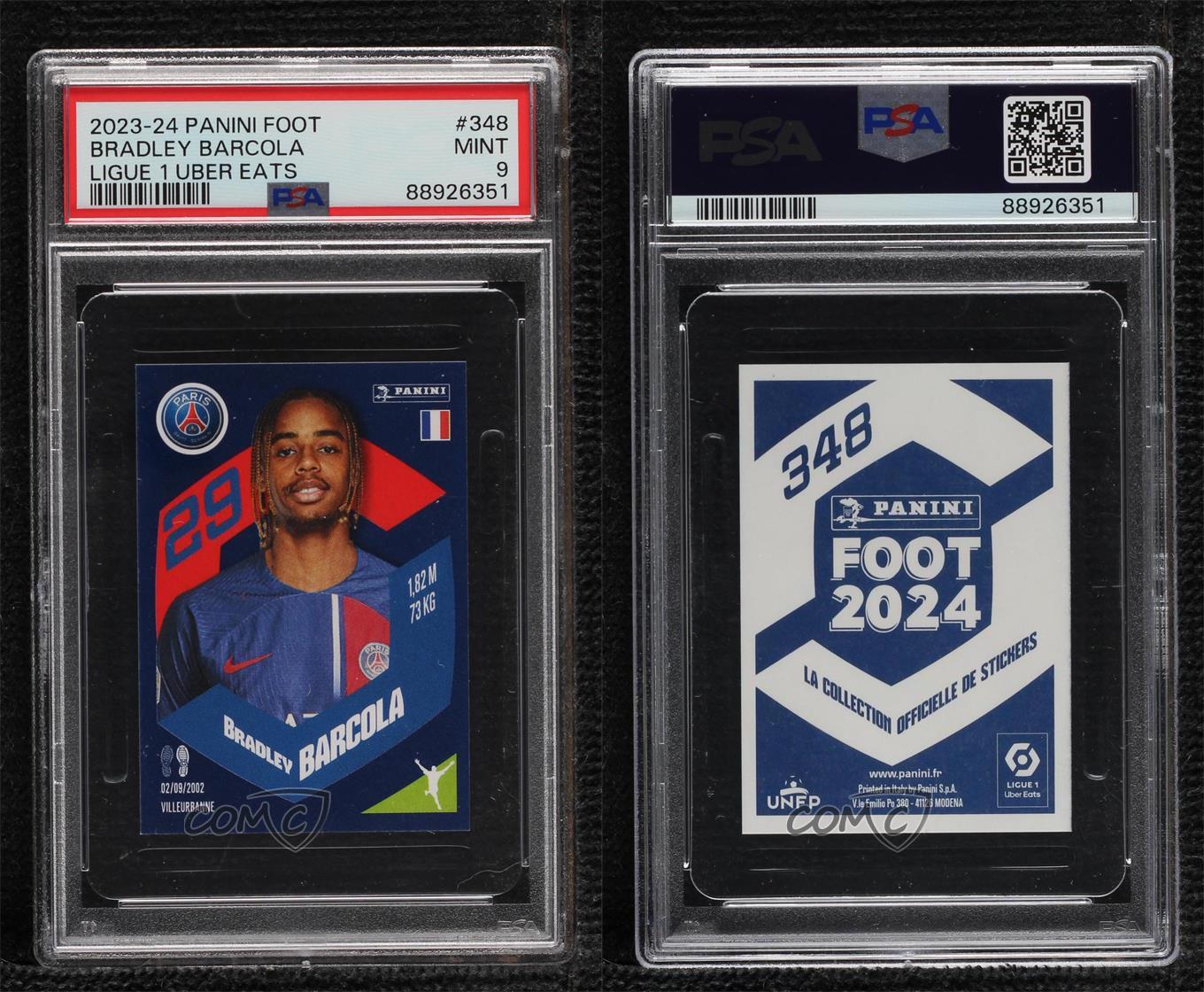 2023-24 Panini Foot Stickers Bradley Barcola #348 PSA 9 MINT Rookie RC - Foto 3 di 3