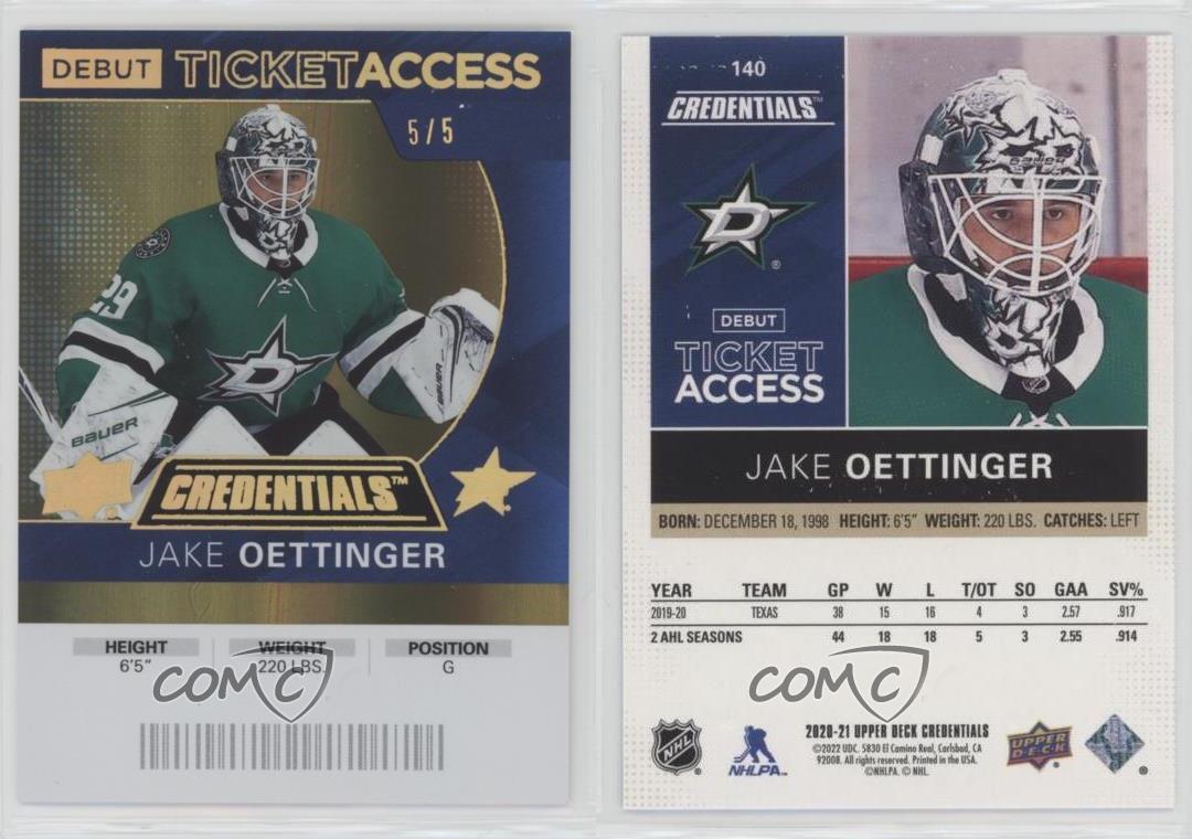 2021-22 Upper Deck Credentials - 2020-21 Debut Ticket Access Jake Oettinger #140 Gold /5