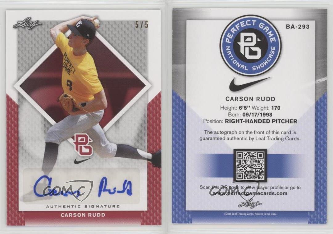 CARSON RUDD 2016 LEAF PERFECT GAME 1ST EVER PRINTED "AUTOGRAPHED" ROOKIE CARD 