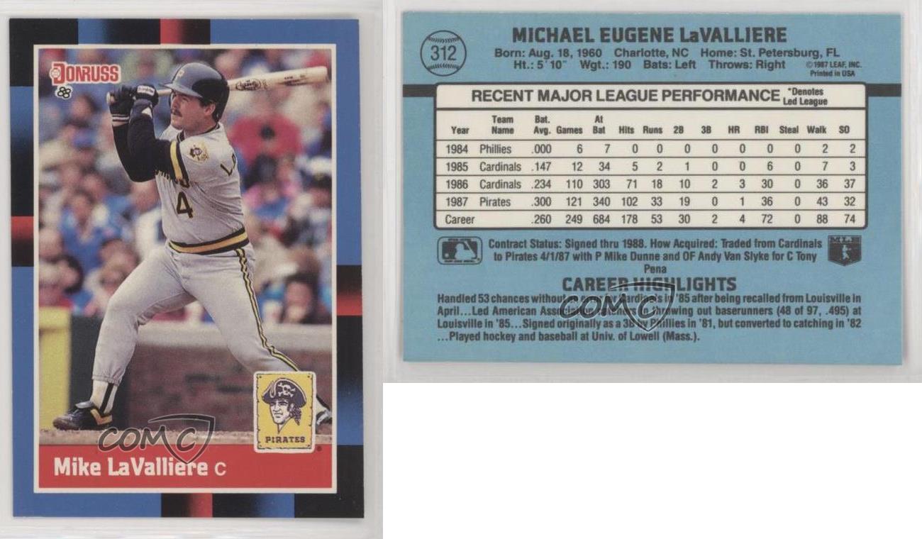 Mike LaValliere - Pirates #312 Donruss 1988 Baseball Trading Card