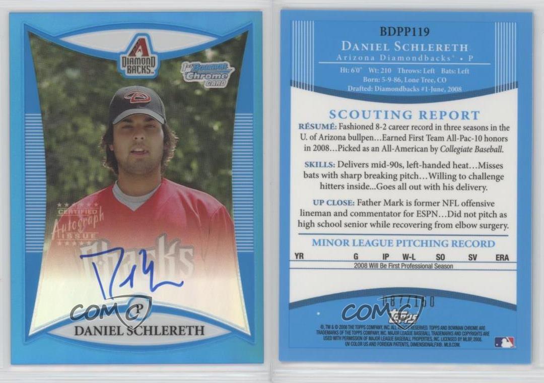 2008 Bowman Draft Prospects Chrome Blue Refractor /150 Daniel Schlereth Auto