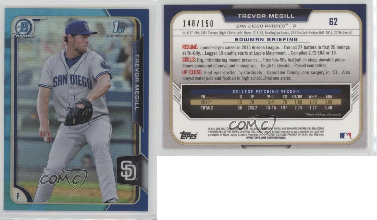 2015 Bowman Draft Chrome Blue Refractor /150 Trevor Megill #62 - Picture 4 of 4