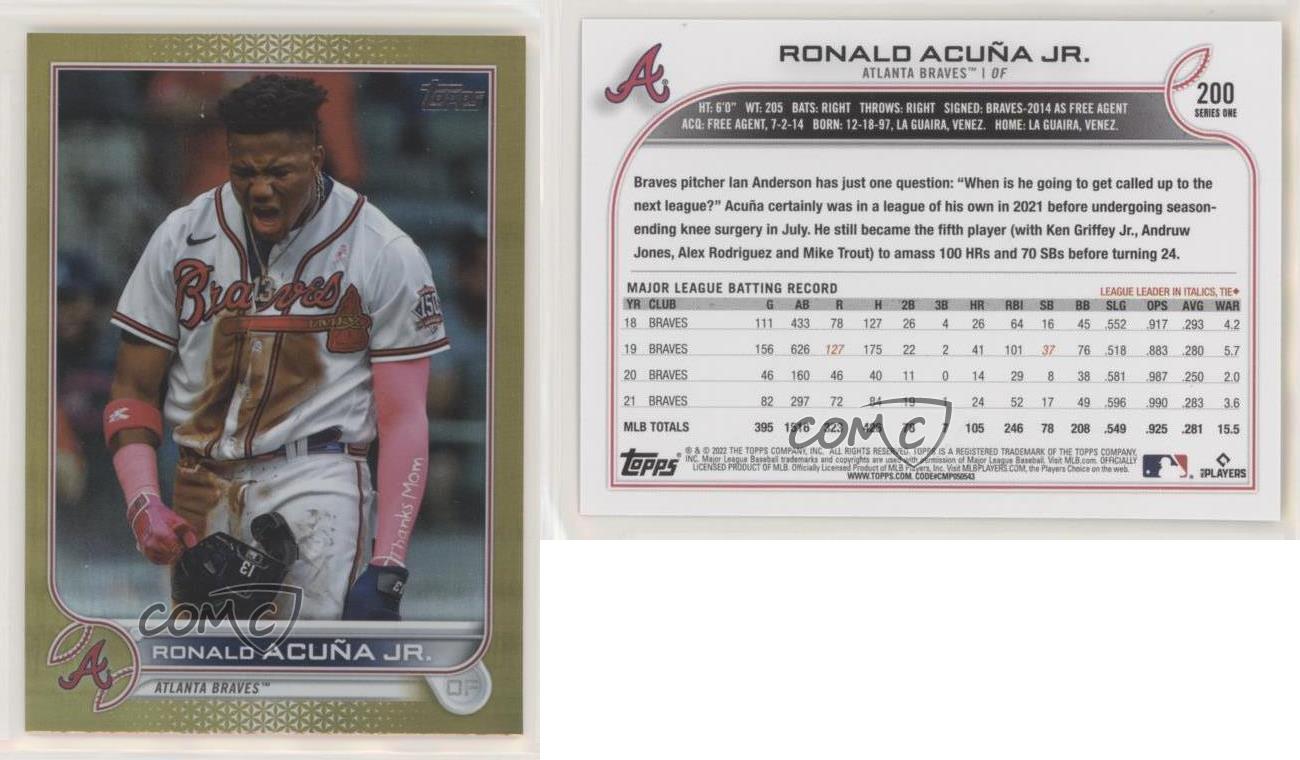 2022 Topps Serie 1 Lámina de Oro Ronald Acuña Jr Ronald Acuña Jr #200 - Imagen 4 de 4