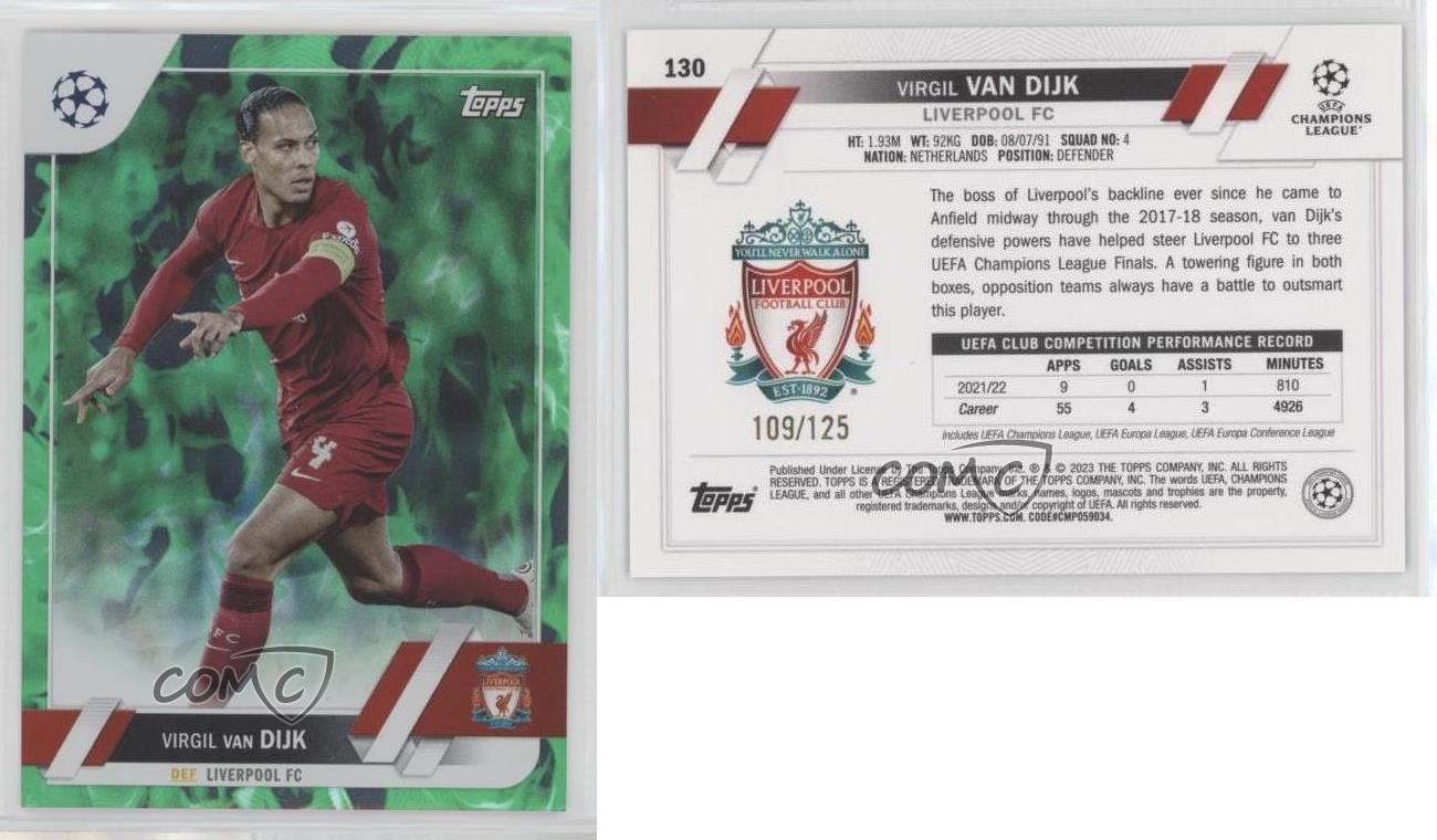 2022 Topps UEFA Club Competitions Green Inferno Foil/125 Virgil Van Dijk #130 - Imagen 3 de 3