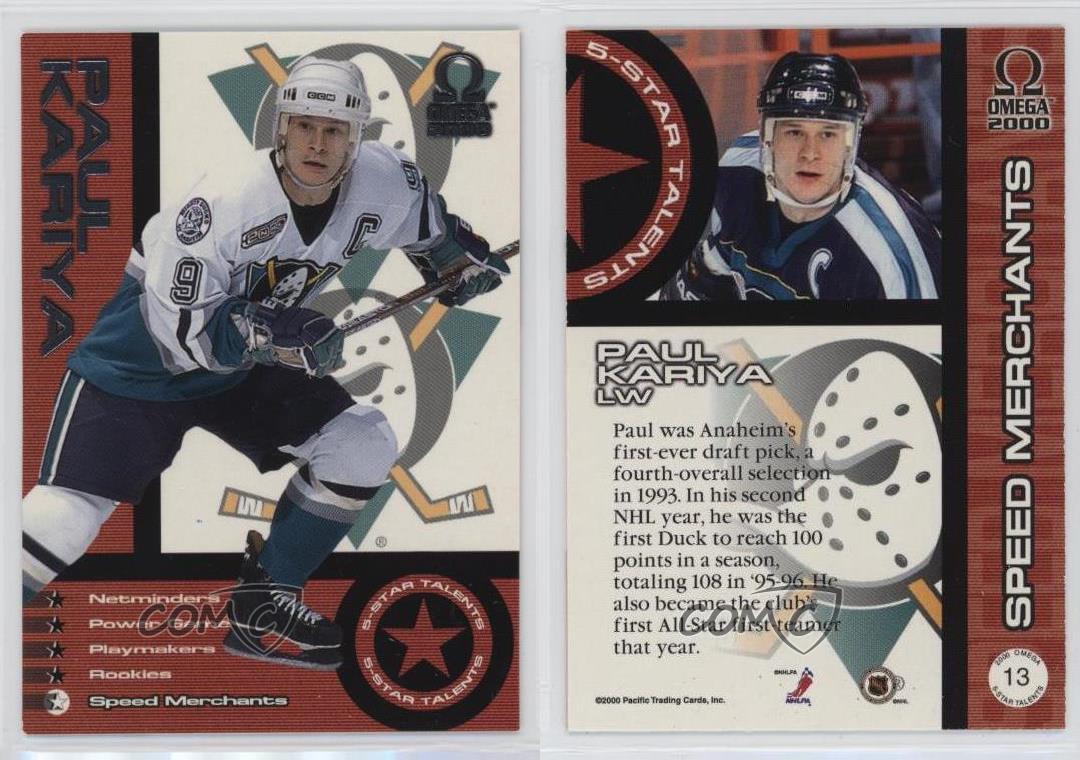 1999-00 Pacific Omega 5 étoiles Talents Paul Kariya #13 haute qualité HOF