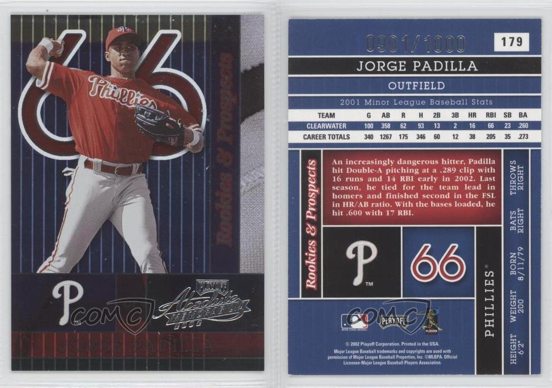 2002 Playoff Absolute Memorabilia /1000 Jorge Padilla #179 Rookie RC - Picture 3 of 3