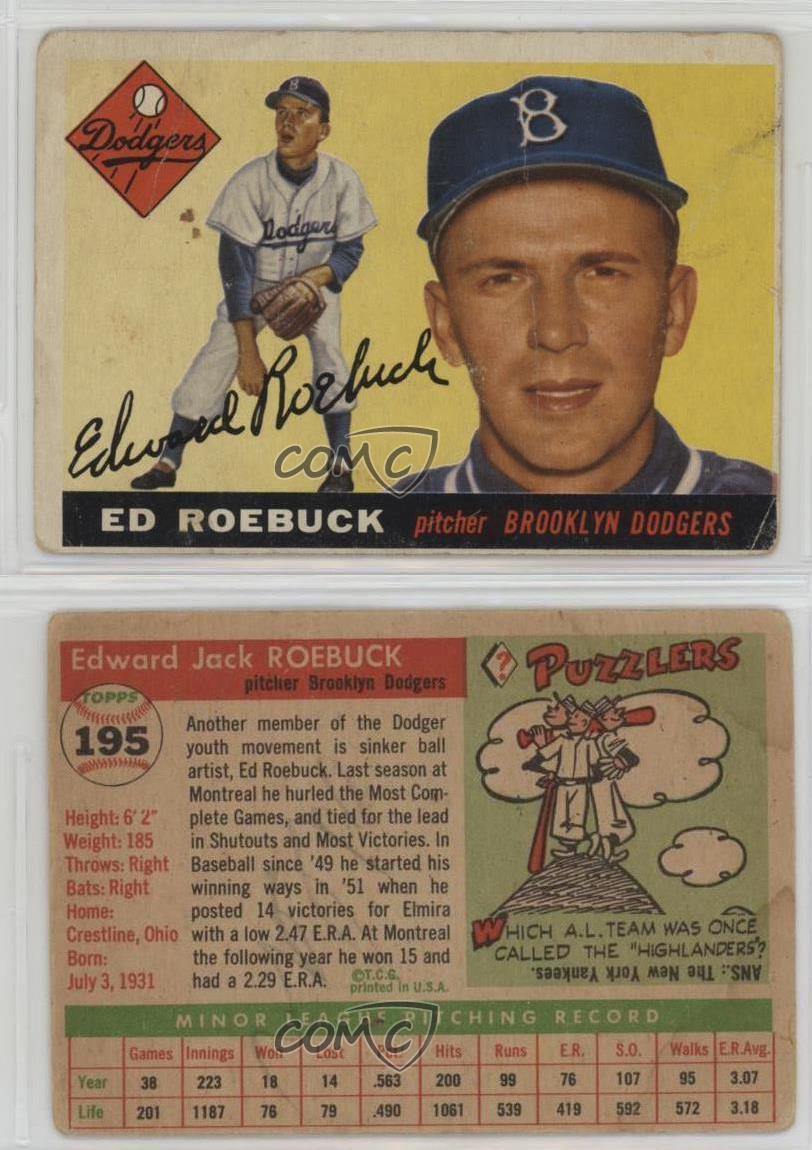 1955 Topps High # Ed Roebuck #195 Rookie RC - Picture 4 of 4