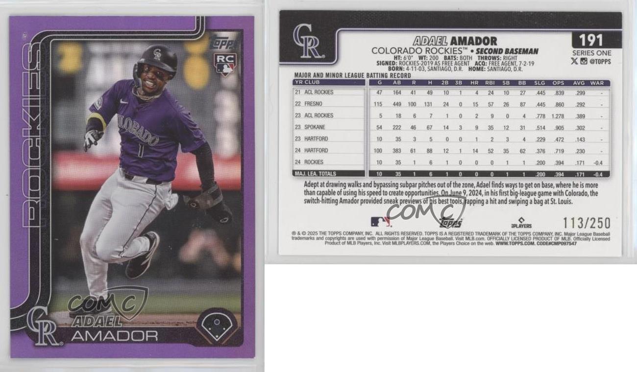 2025 Topps Series 1 Purple Rainbow /250 Adael Amador #191 Rookie RC - Picture 3 of 3