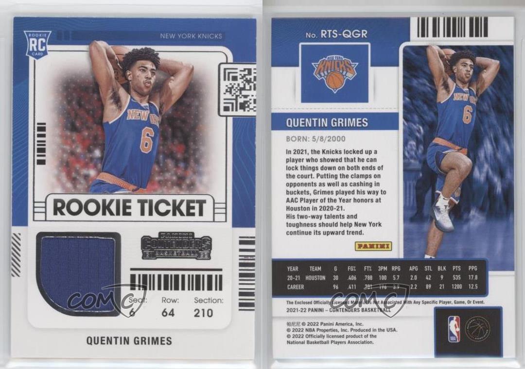 Quentin Grimes 2021-22 Contenders Rookie Ticket Jersey RTSQGR New York  Knicks RC