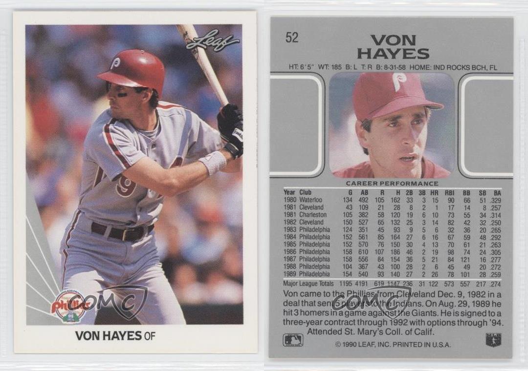  1990 Leaf Baseball #52 Von Hayes Philadelphia Phillies Official  MLB Trading Card : Collectibles & Fine Art