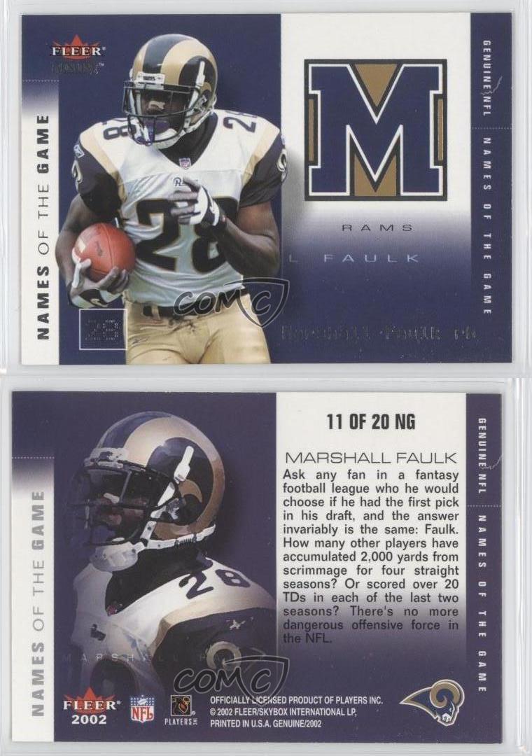 2002 Fleer Genuine Names of the Game Jerseys #8 Marshall Faulk - -  Game-Worn Jersey Card, Serial #'d/500 - NM-MT