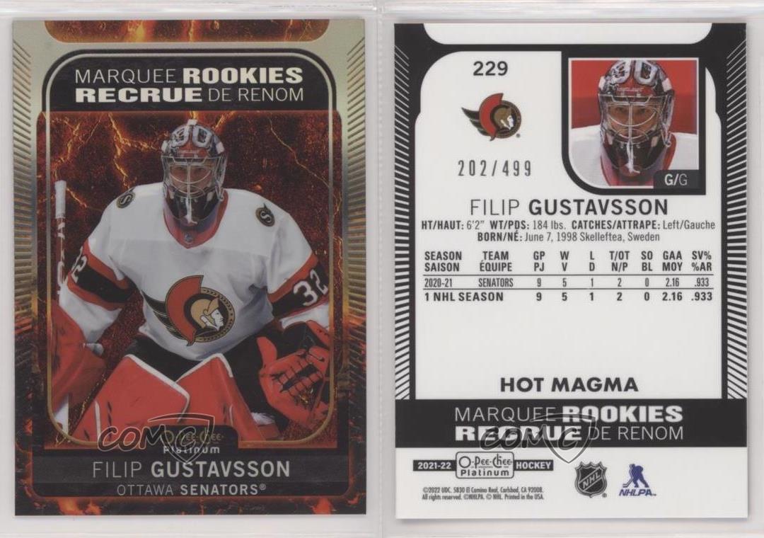 2021 O-Pee-Chee Platinum Marquee Rookies Hot Magma Filip Gustavsson Rookie RC