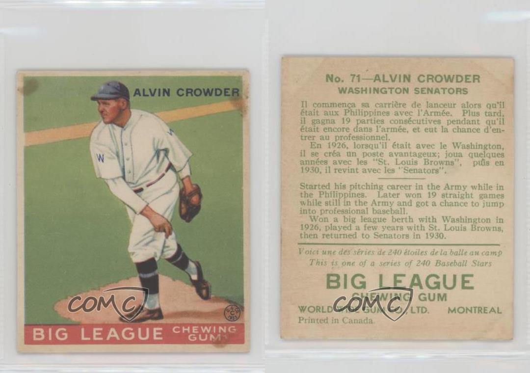 Goma de mascar World Wide Gum Big League 1933 V353 Alvin Crowder #71 novato radiocontrol - Imagen 3 de 3