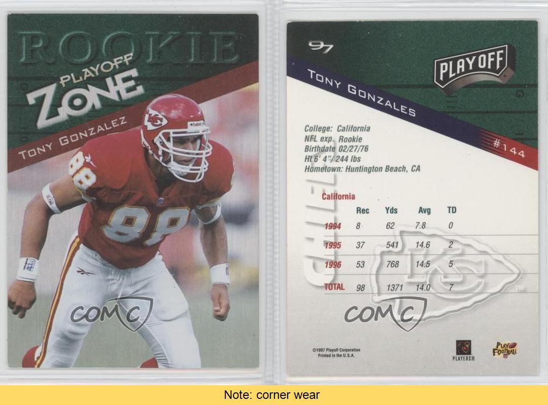 1997 Zone Tony Gonzalez (Name Misspelled as Gonzales on Back) #144 Rookie RC HOF - Bild 3 von 3