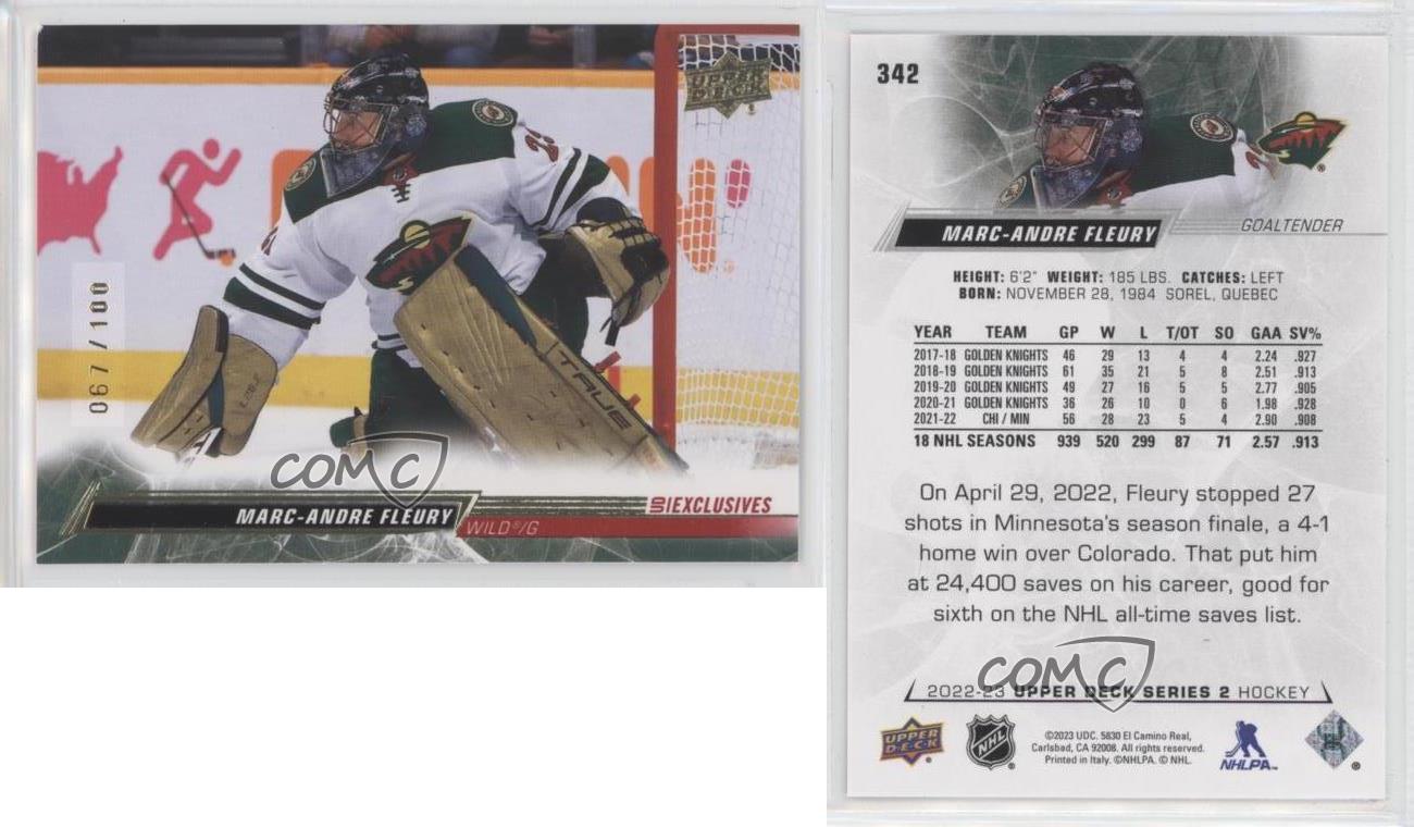 Serie 2 UD Exclusivas 2022-23 Upper Deck/100 Marc-Andre Fleury #342 - Imagen 3 de 3