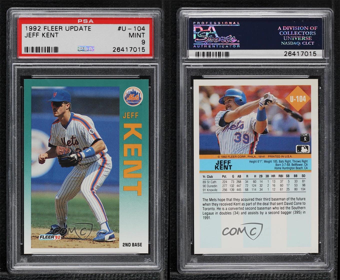 1992 Fleer Update Jeff Kent #U-104 PSA 9 MINT Rookie RC - Picture 3 of 4