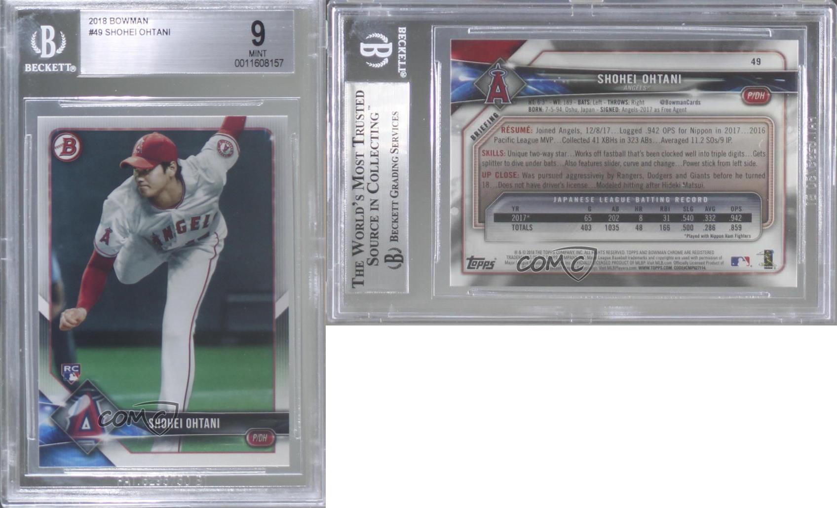 2018 Bowman Shohei Ohtani #49 BGS 9 MINT Rookie RC - Picture 3 of 4