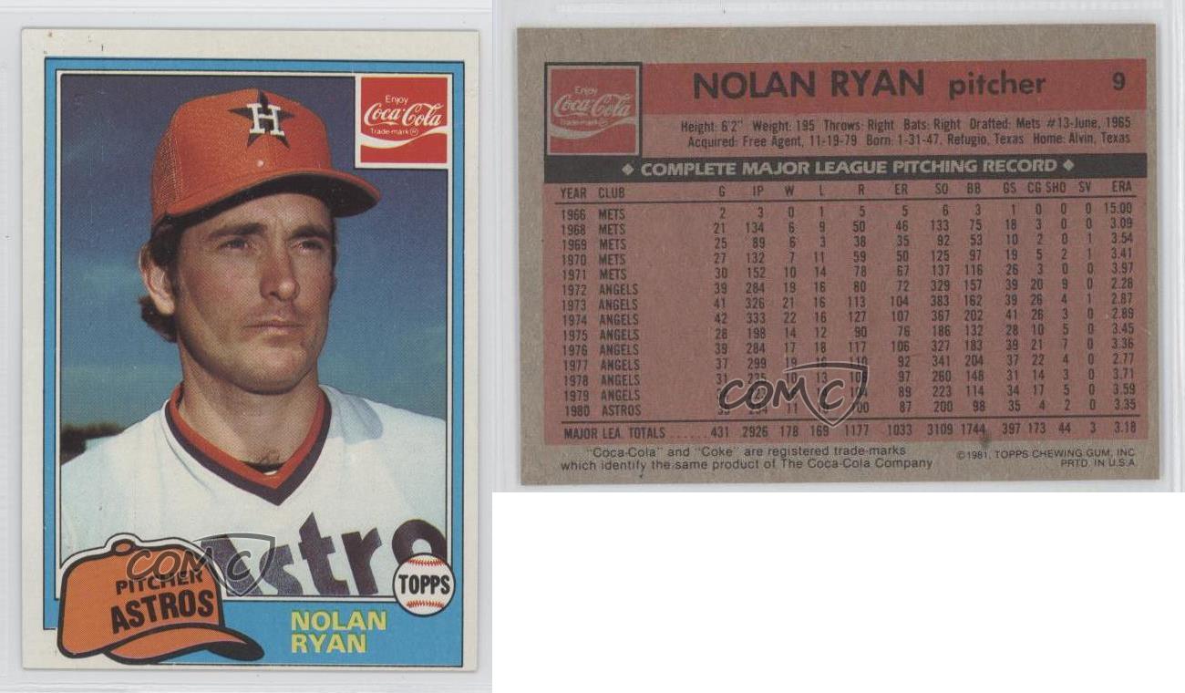 1981 Topps Coca-Cola Team Sets Houston Astros #9 Nolan Ryan Baseball Card
