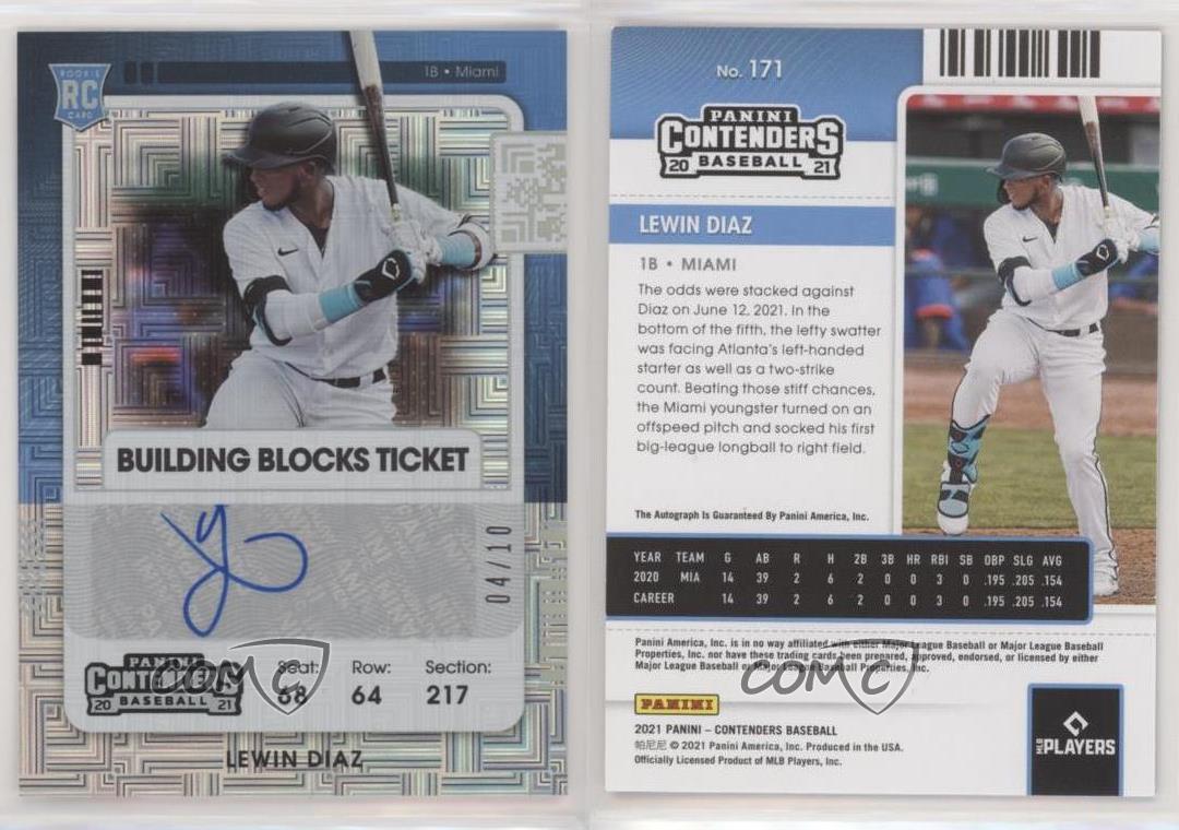 Biglietto Panini Contenders 2 Building Blocks 2021 /10 Lewin Diaz Rookie Auto RC - Foto 3 di 3