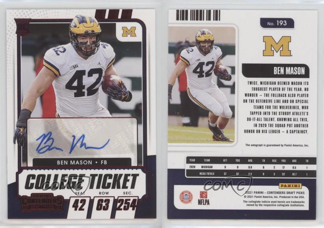 2021 Contenders Draft Picks College Game Ticket Red Ben Mason Rookie Auto RC