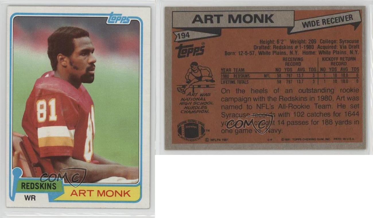 1981 Topps 194 Art Monk Washington Redskins RC Rookie Football Card
