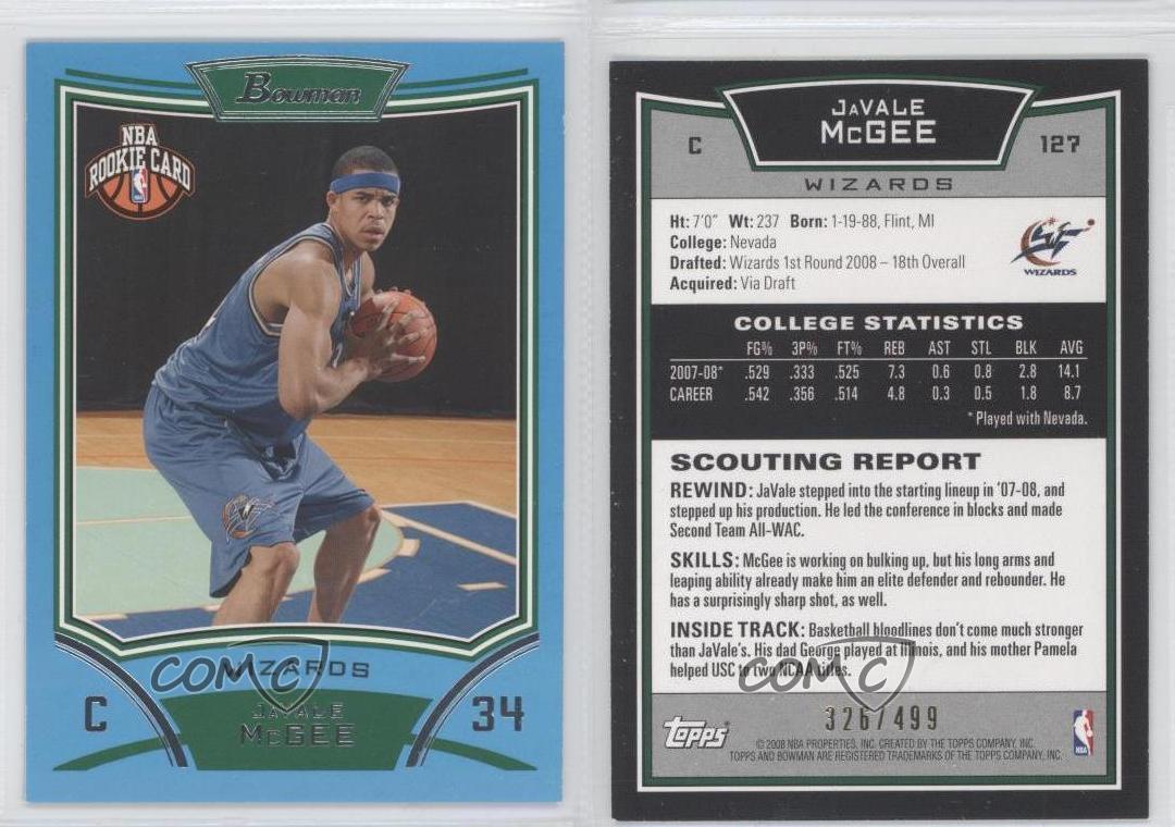 2008-09 Bowman Draft Picks & Stars Rookie Blue /499 JaVale McGee #127 Rookie RC - Bild 3 von 4