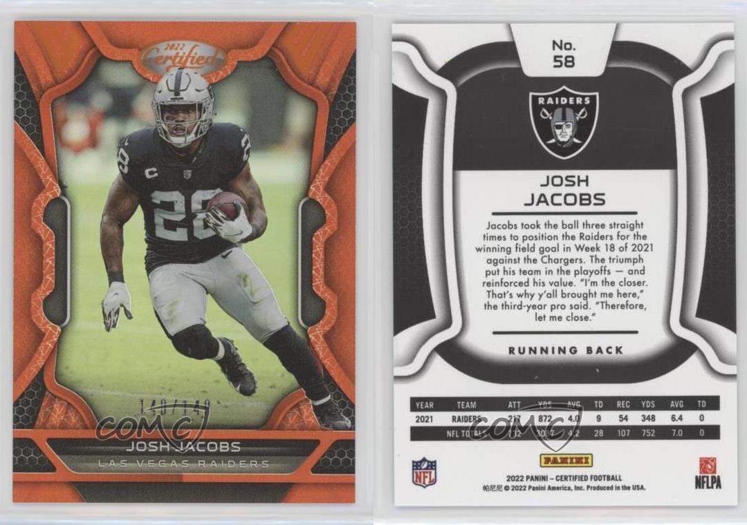 2022 Panini certified Josh Jacobs no 58 Las Vegas raiders