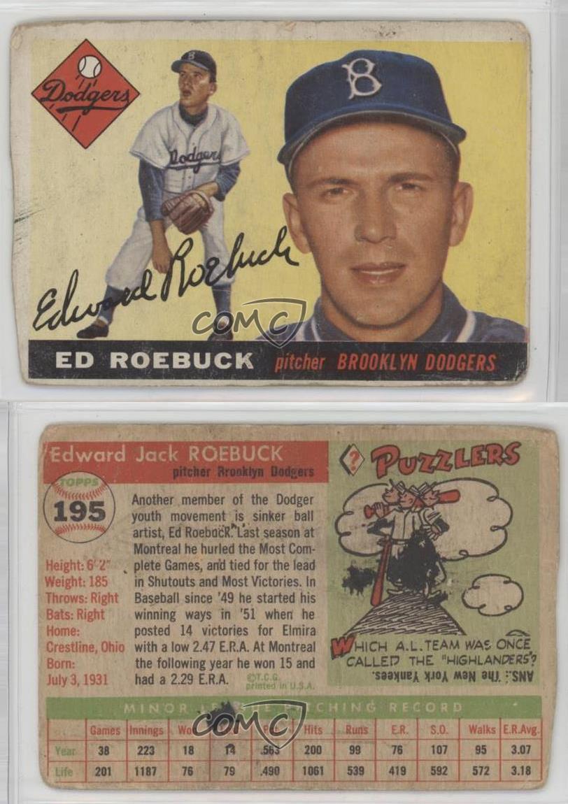 1955 Topps High # Ed Roebuck #195 Rookie RC - Picture 3 of 4