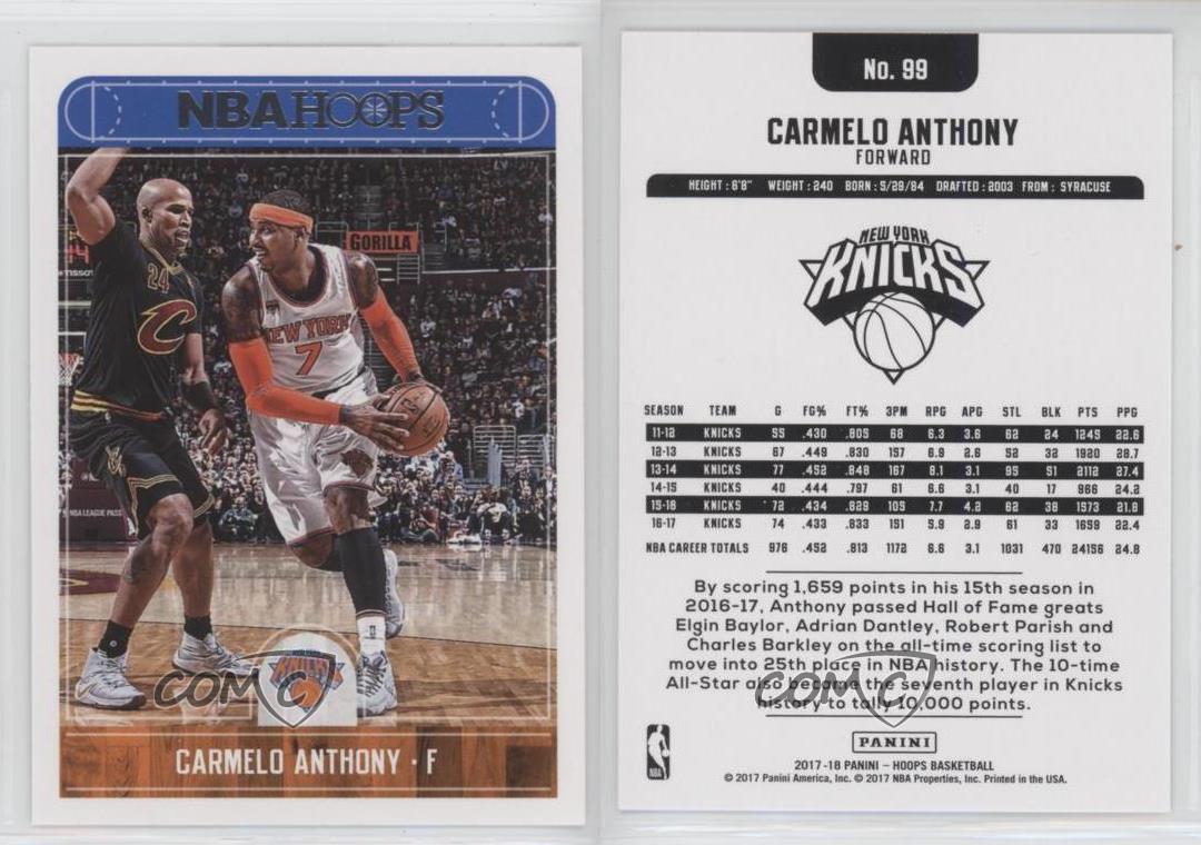 2017 18 Panini Nba Hoops 99 Carmelo Anthony New York Knicks Basketball Card