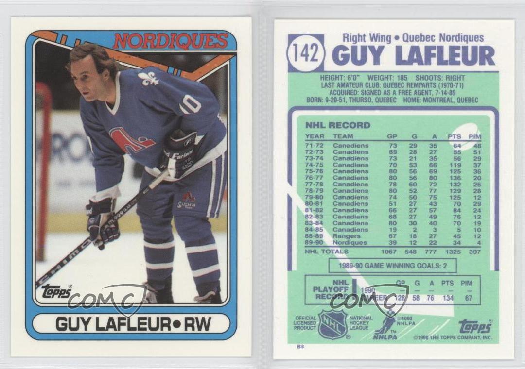 detalles acerca de 1990-91 topps guy lafleur quebec nordiques tiffany #142  tarjeta de hockey- mostrar título original