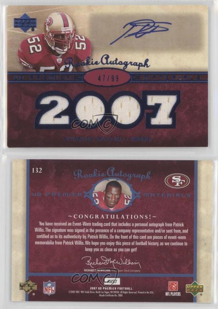 2007 UD Premier Materials PATRICK WILLIS Jersey AUTO Blue /99 49ers  Autograph RC