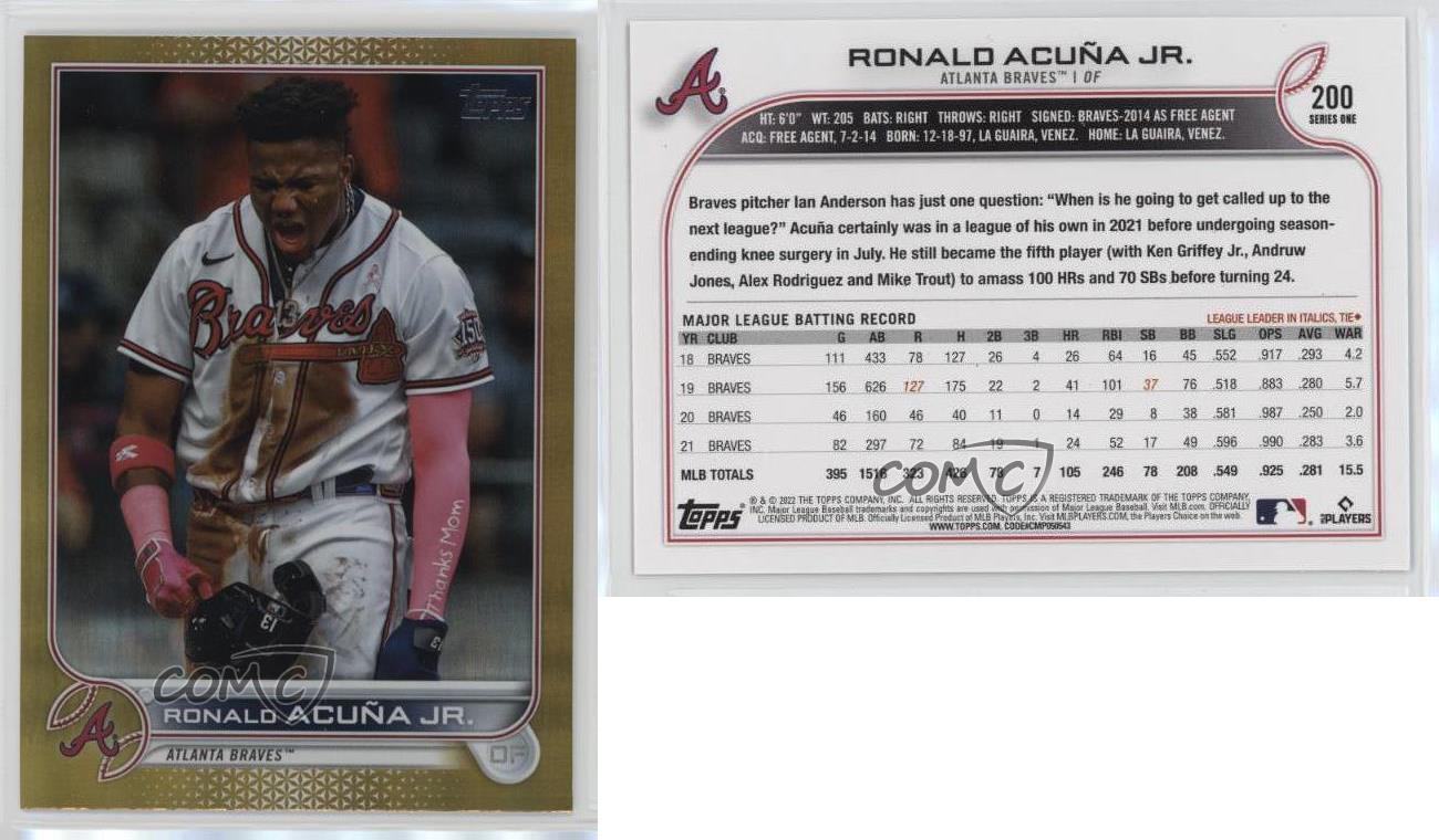2022 Topps Serie 1 Lámina de Oro Ronald Acuña Jr Ronald Acuña Jr #200 - Imagen 3 de 4