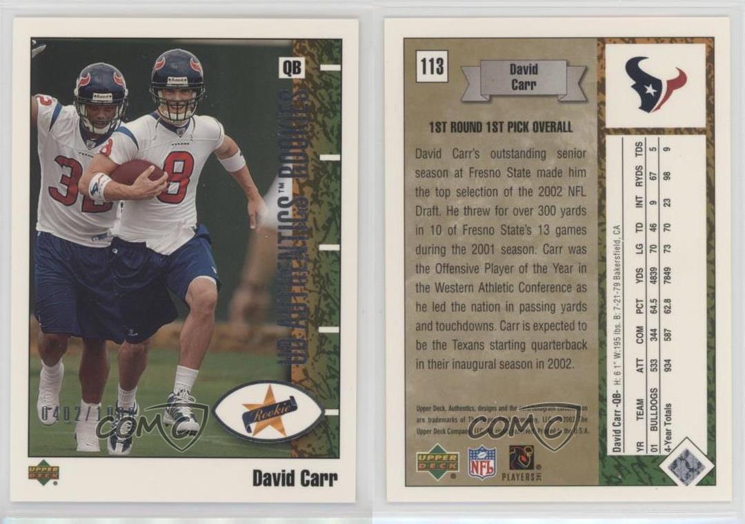 2002 UD Authentics Rookies /1000 David Carr #113 Rookie RC - Picture 3 of 4