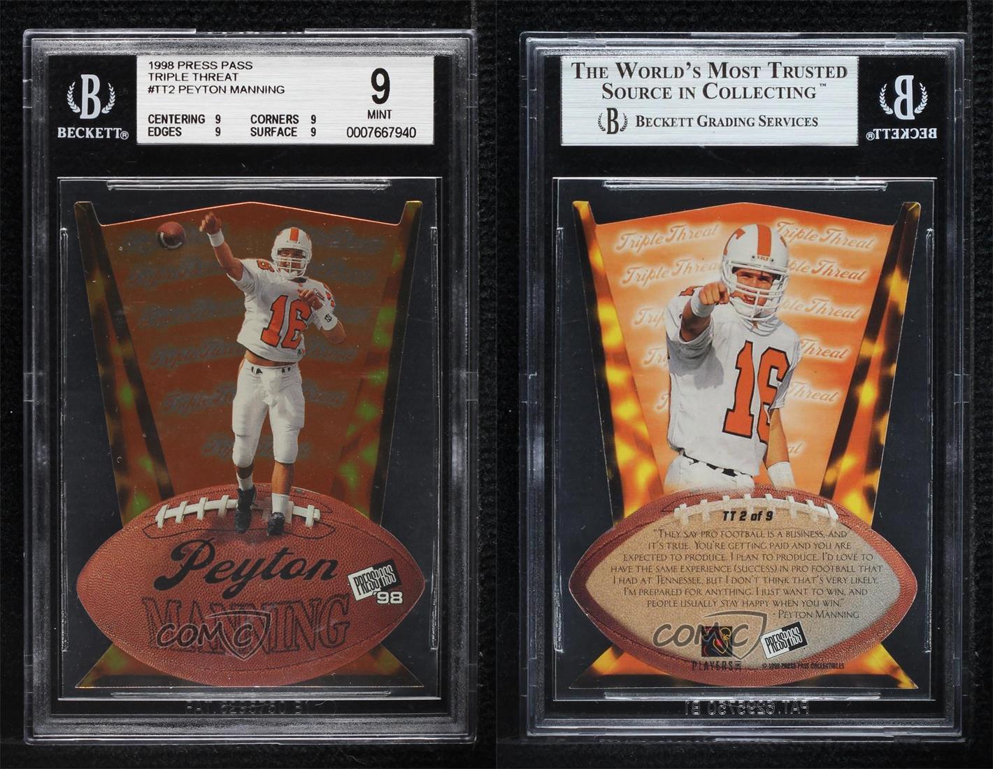 1998 Press Pass Triple Threat Peyton Manning #TT2 BGS 9 MINT Rookie RC HOF - Picture 3 of 3