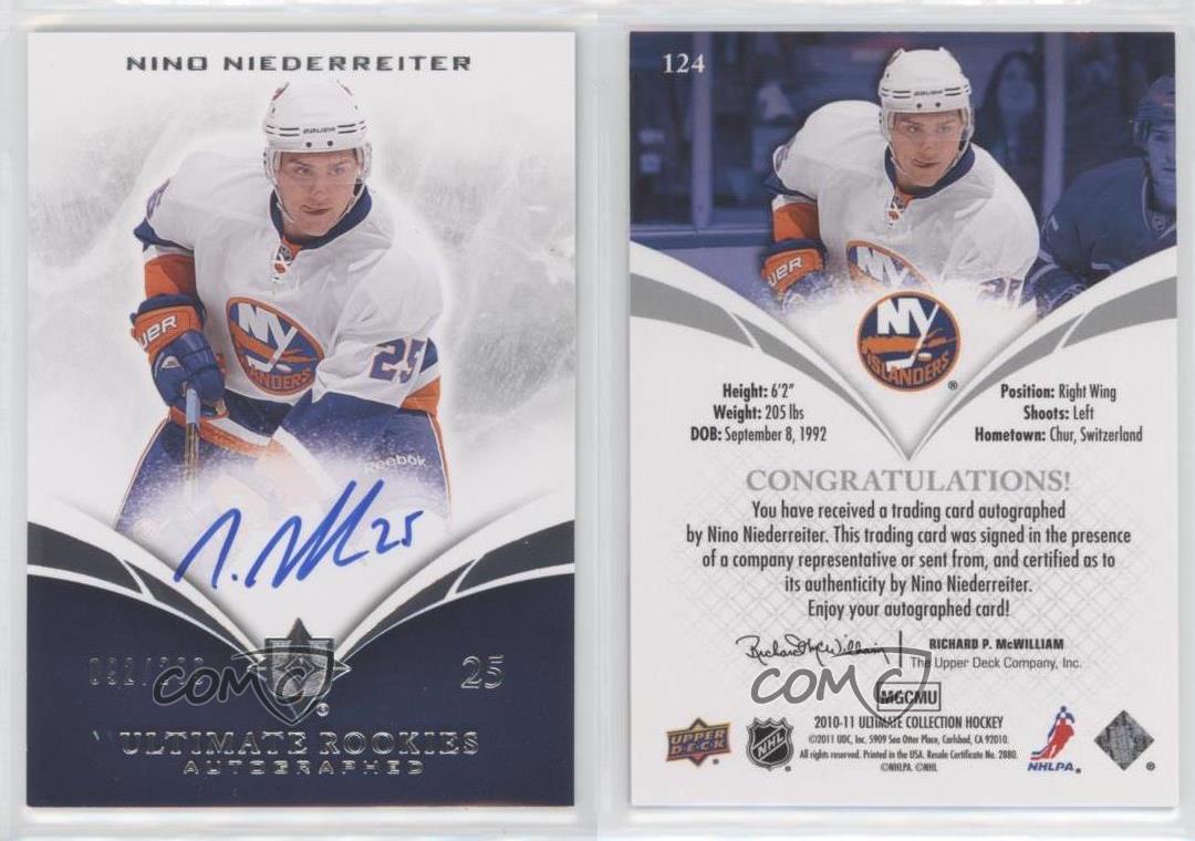 2010-11 Ultimate Collection Rookies /299 Nino Niederreiter #124 Rookie Auto RC