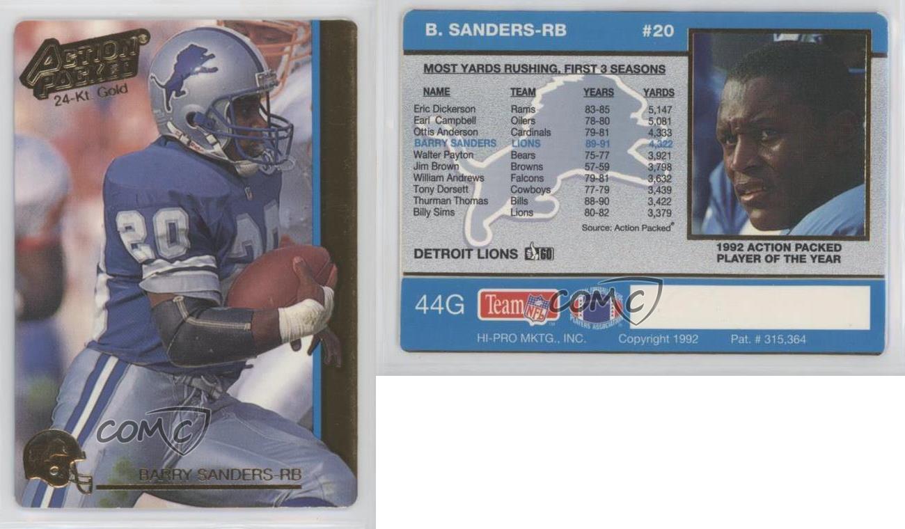 1992 Action Packed 24-Kt Gold #44G Barry Sanders Detroit Lions Football ...