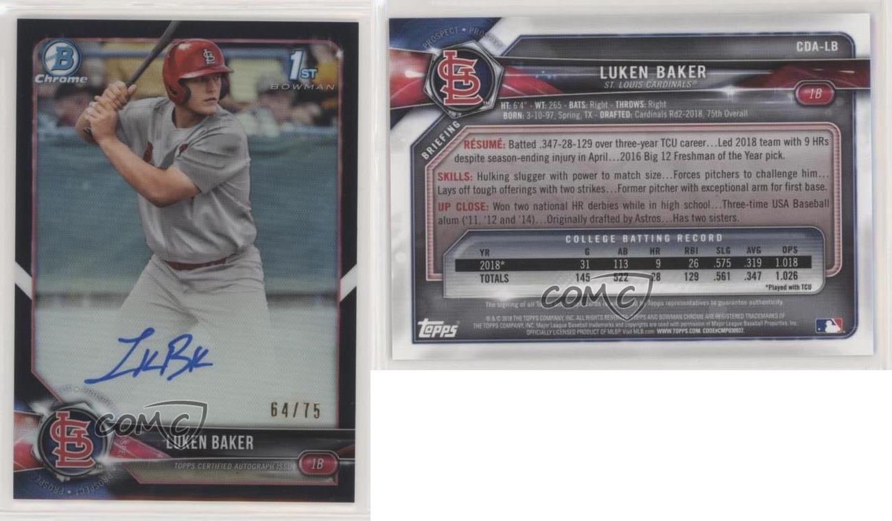 2018 Bowman Draft Chrome Pick Noir le plus cher Réfracteur /75 Luken Baker #CDA-LB Auto