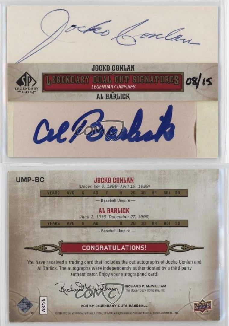2011 SP Legendary Cuts Dual Cut Sgnatures /15 Jocko Conlan Al Barlick Auto HOF - Picture 4 of 4