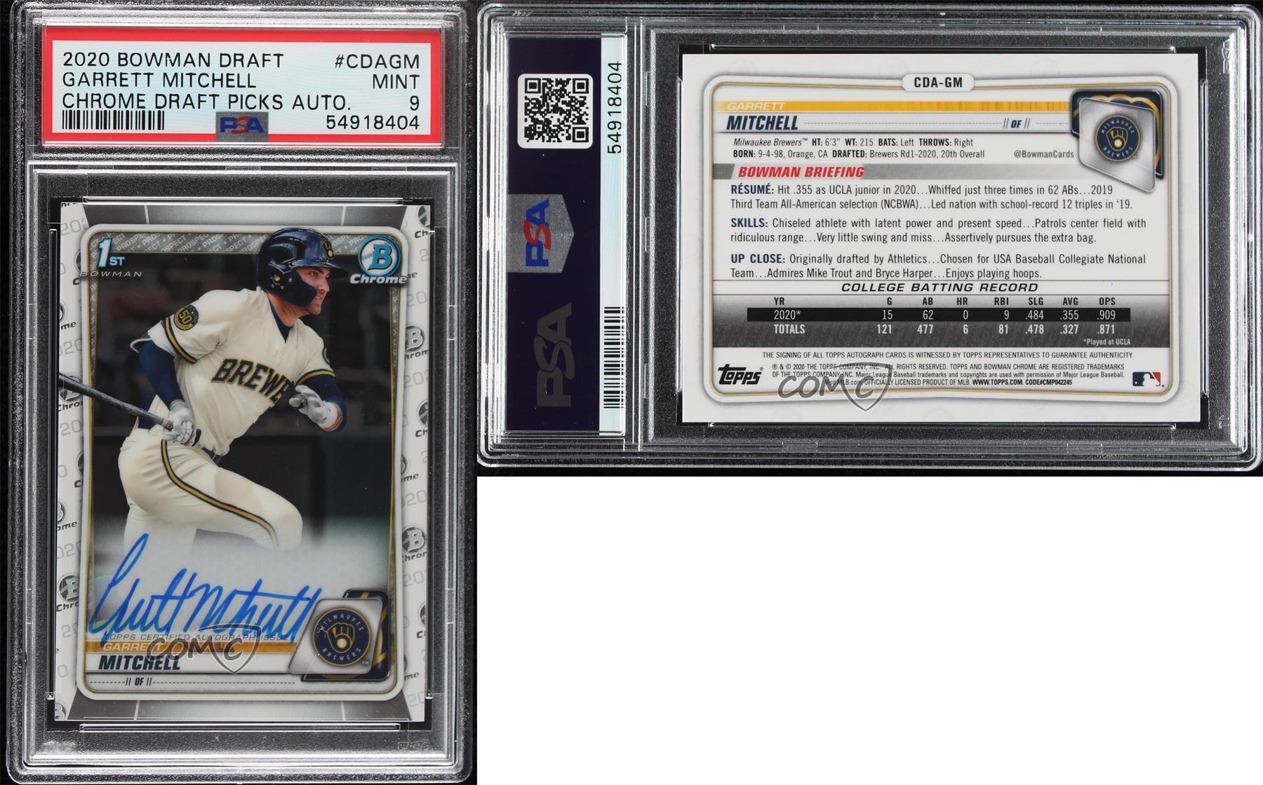 2020 Bowman Draft Chrome Picks Garrett Mitchell #CDA-GM PSA 9 MINT Auto - Picture 3 of 3