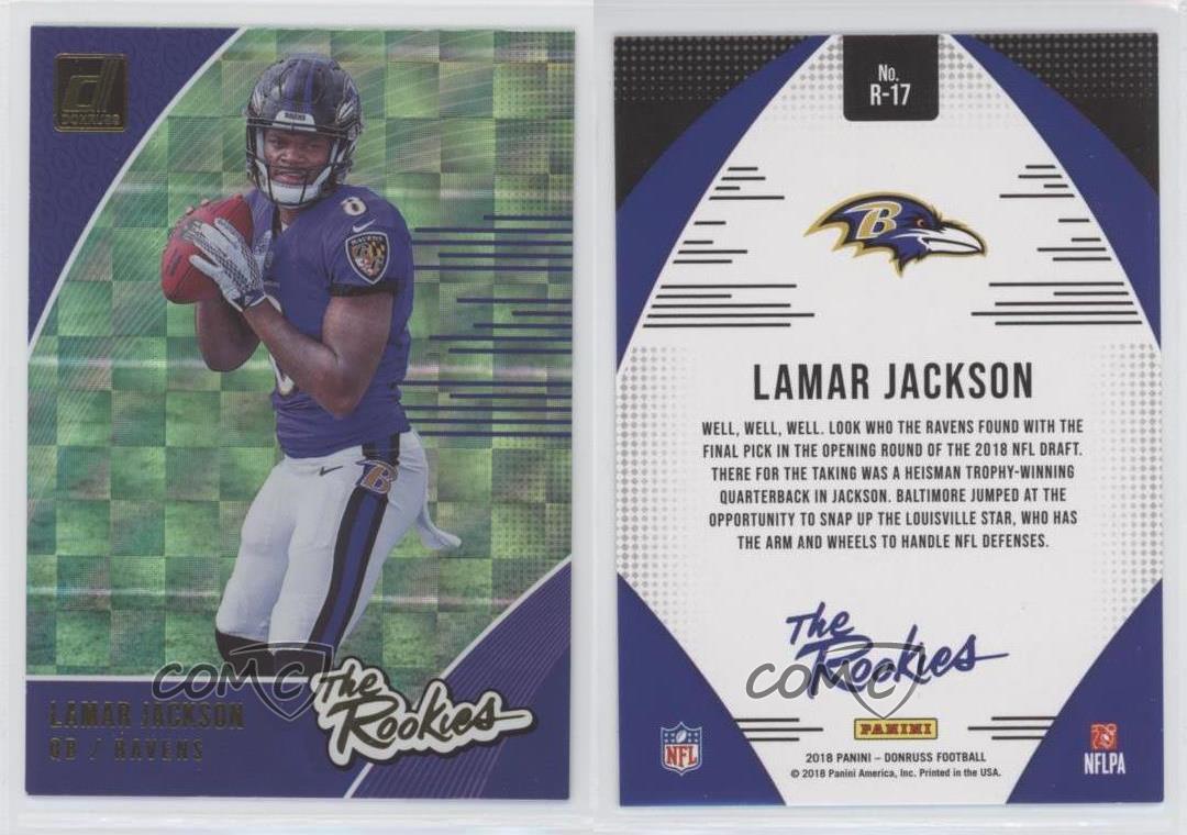 Football Slabbed Rookie Cards Lamar Jackson 2018 Panini Rookie Premiere #FL11 1/295 Made Rookie Card PGI 10