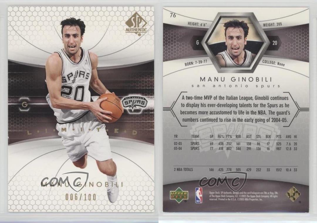 2004-05 SP Authentic Limited /100 Manu Ginobili #76 HOF - Picture 3 of 3