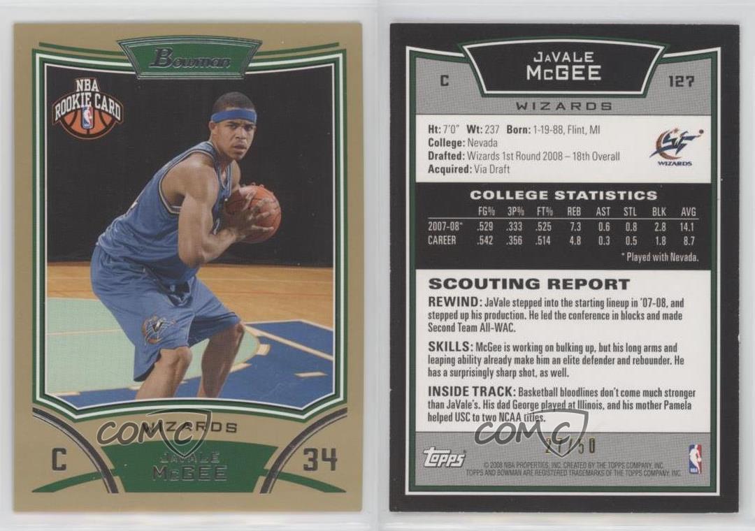 2008-09 Bowman Draft Picks & Stars Rookie Gold /50 JaVale McGee #127 Rookie RC - Imagen 3 de 3